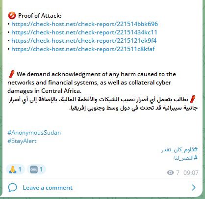 Capture du post de Anonymous Sudan sur Télégram