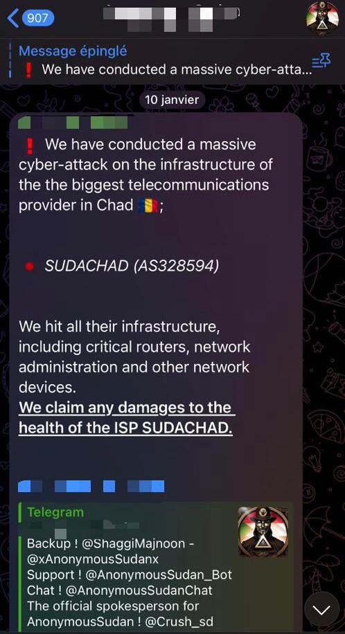     Capture du message d'annonce par Anonymous sudan