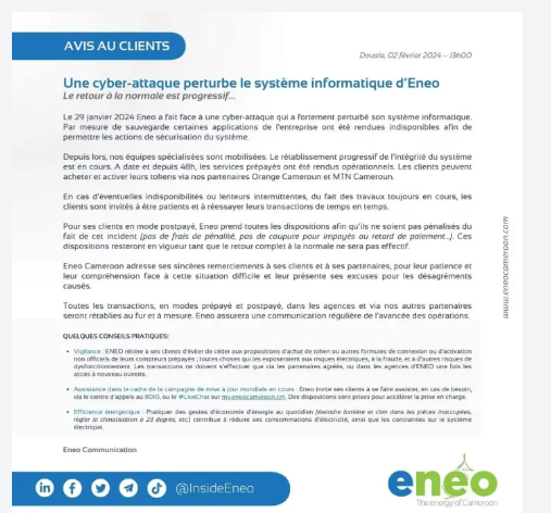 Communiqué de Eneo apres l'attaque