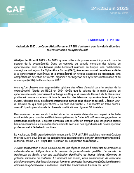 HackerLab 2025 : Le Cyber Africa Forum et l’ASIN s'unissent pour la valorisation des talents africains en cybersécurité