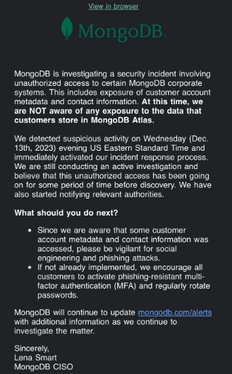 Mail de MongoDB sur l'attaque cyber